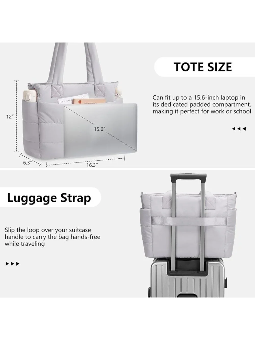 👜Women's Light Gray Quilted Puffer Tote Bag Lightweight Work For Travel Handbag